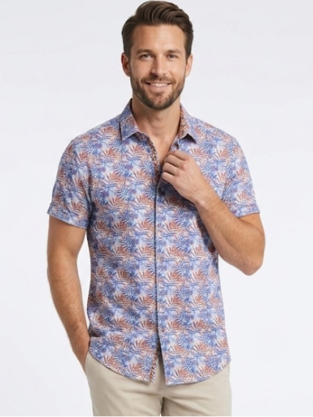 Robert Graham Short Sleeve Button-Up in Blue Leaf Print Linen Blend 2X NWT